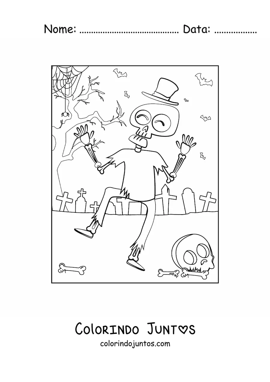 Desenho para colorir de esqueleto dançando no Halloween