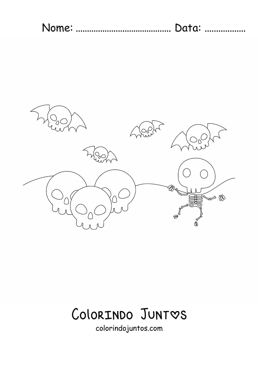 Desenho para colorir de esqueleto e caveiras de Halloween
