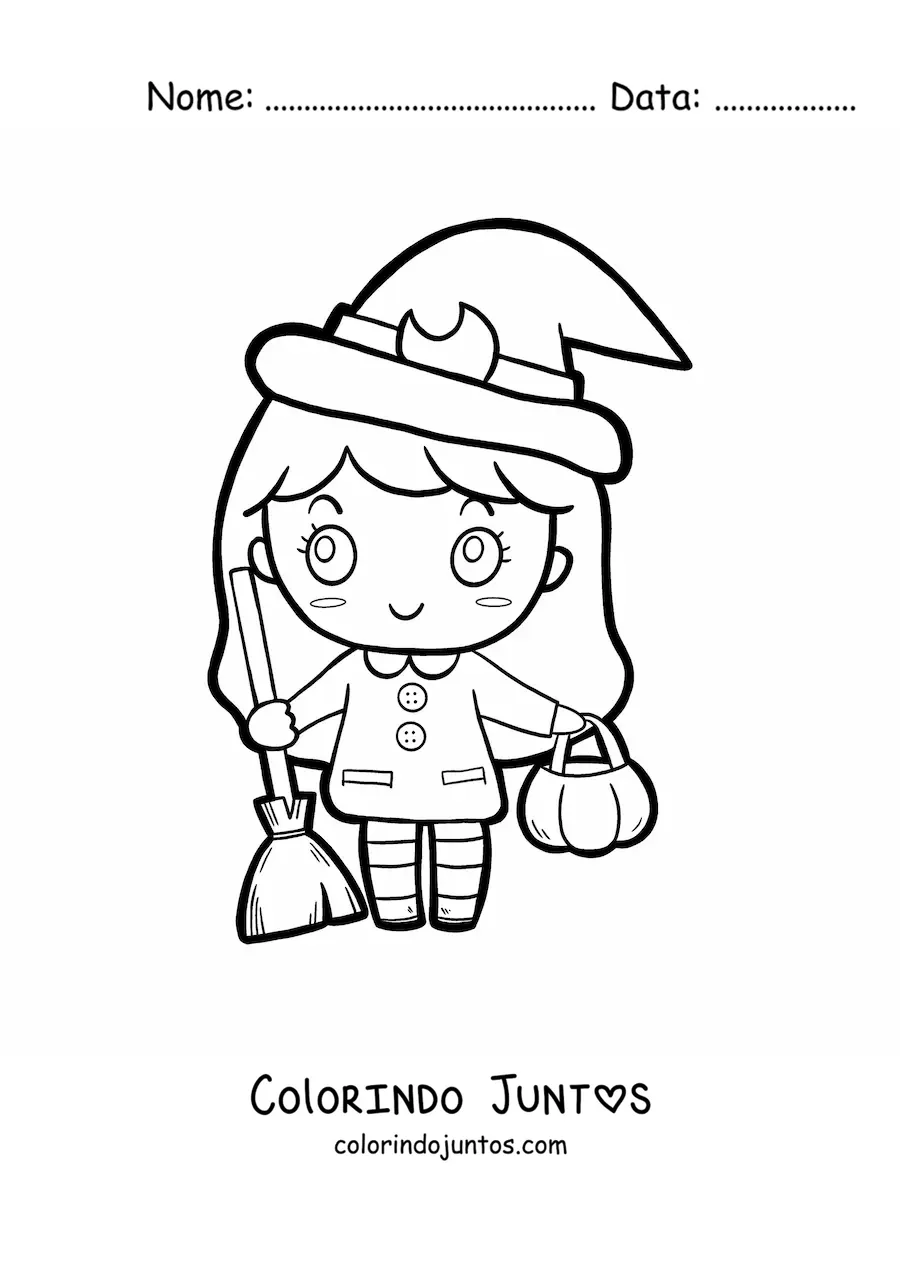 Desenho para colorir de menina kawaii fantasiada de bruxinha