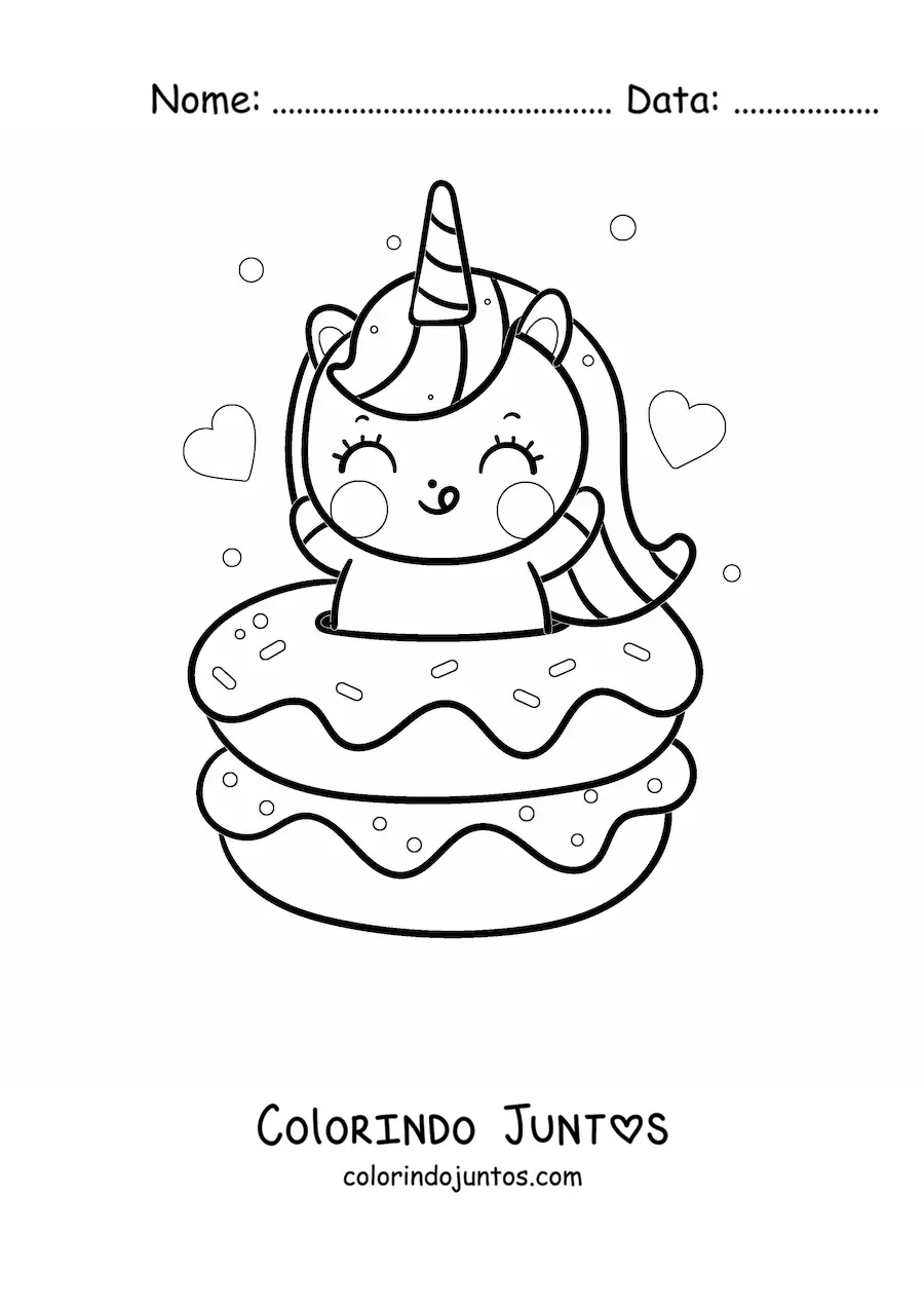 Desenho para colorir de um unicórnio kawaii dentro de duas rosquinhas gigantes