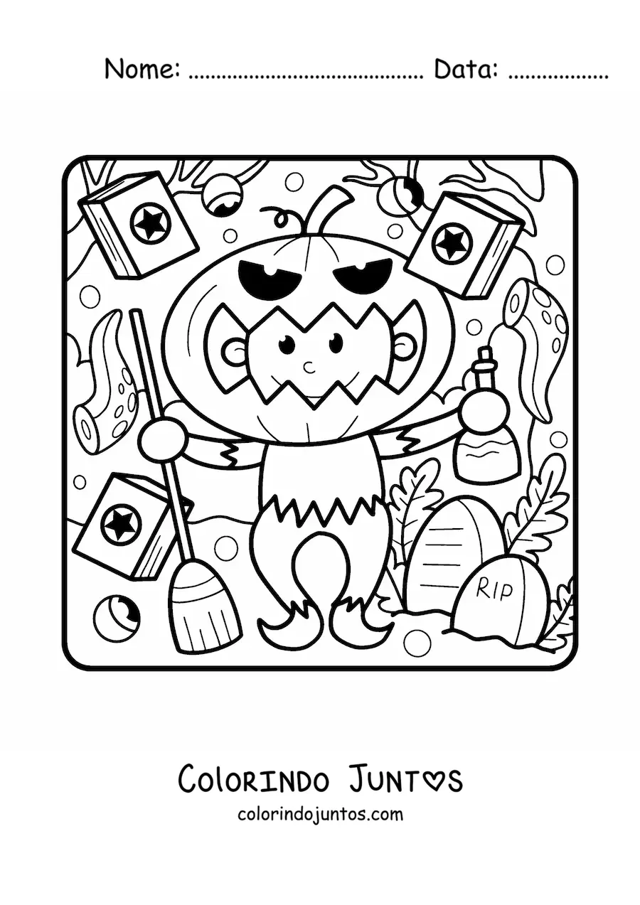 Desenho para colorir de criança fantasiada com máscara de abóbora no Halloween