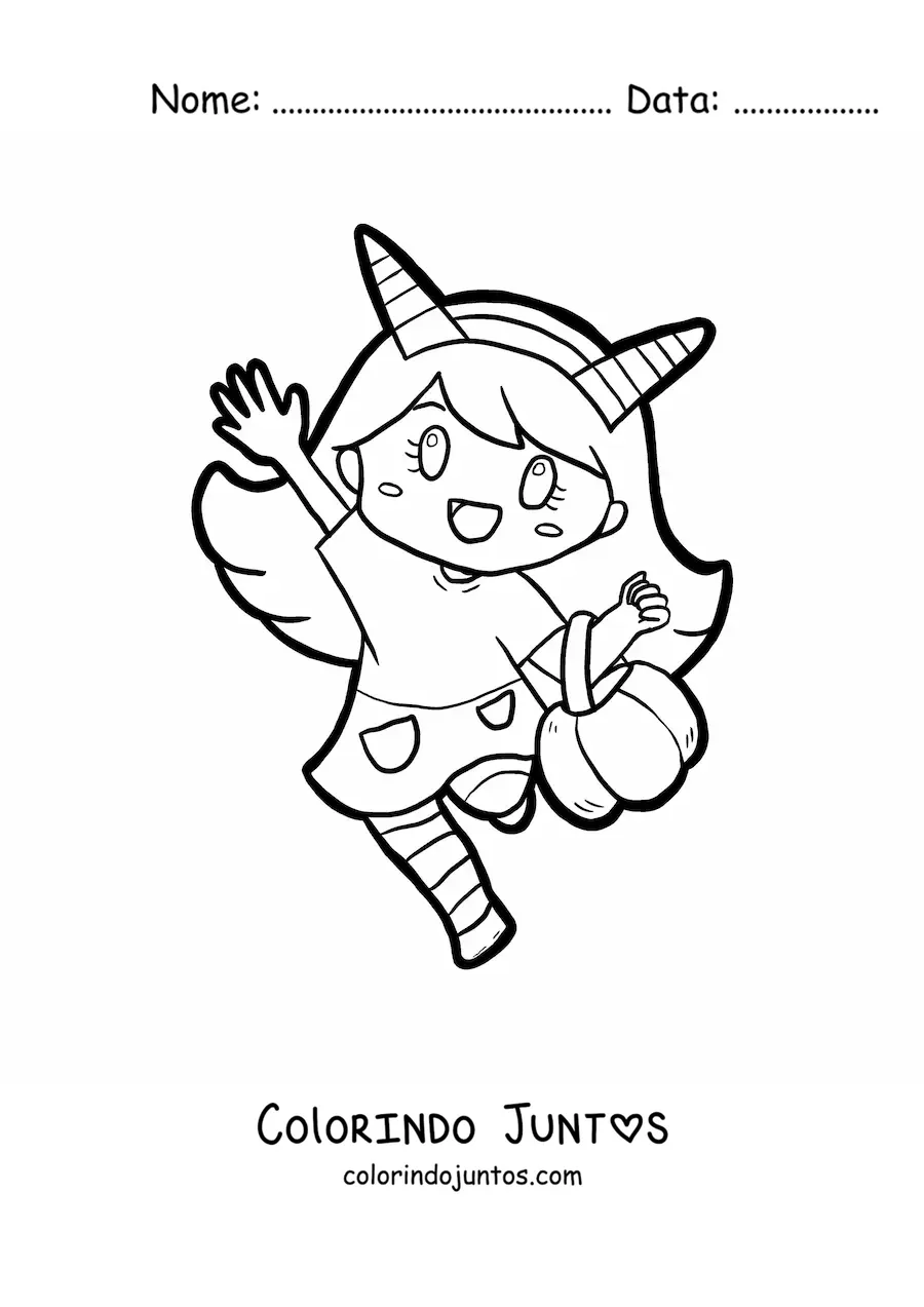 Desenho para colorir de menina com fantasia de diabo no Halloween