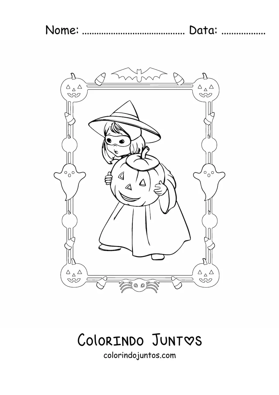 Desenho para colorir de menina com fantasia de bruxa e abóbora de Halloween