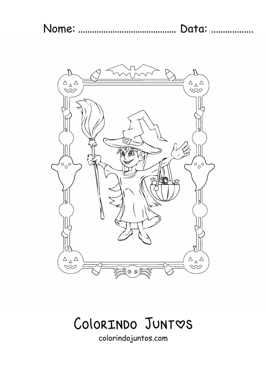 Desenho para colorir de menina fantasiada de bruxa pedindo doces no Halloween