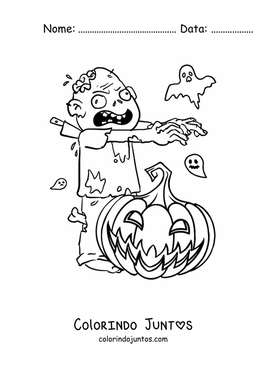 Desenho para colorir de zumbi com abóbora de Halloween