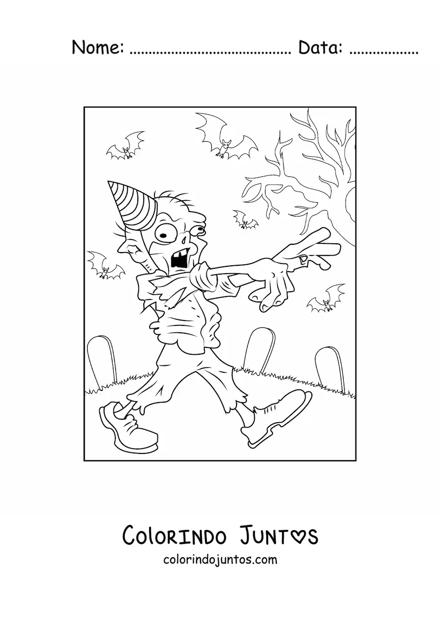 Desenho para colorir de zumbi animado caminhando com chapéu de festa