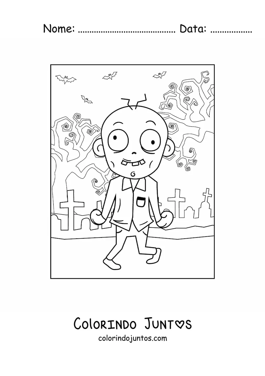 Desenho para colorir de zumbi animado dançando em um cemitério no Halloween