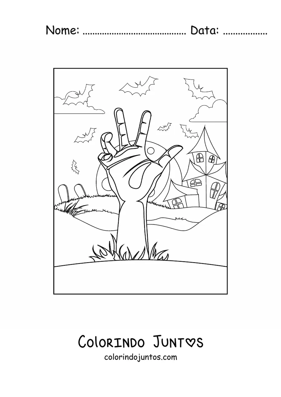Desenho para colorir de mão de zumbi saindo do túmulo no Halloween