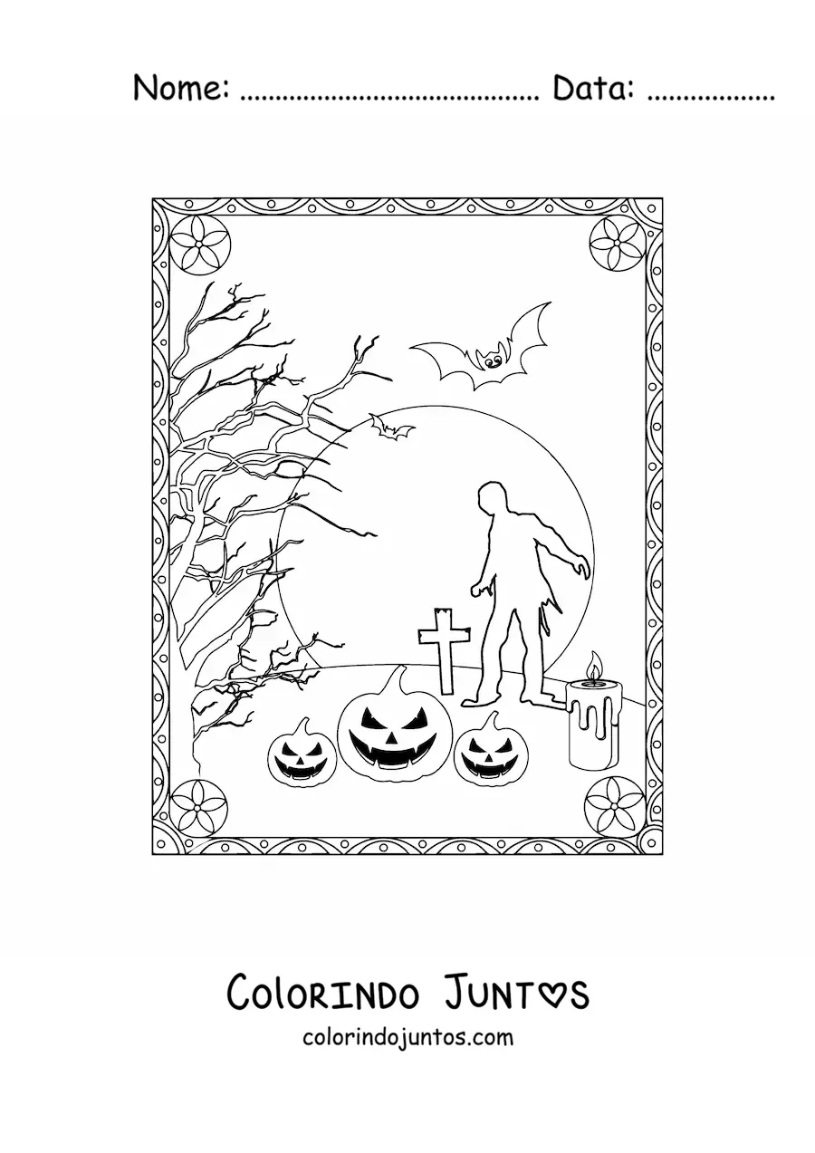 Desenho para colorir de silhueta de um zumbi caminhando em um cemitério no Halloween
