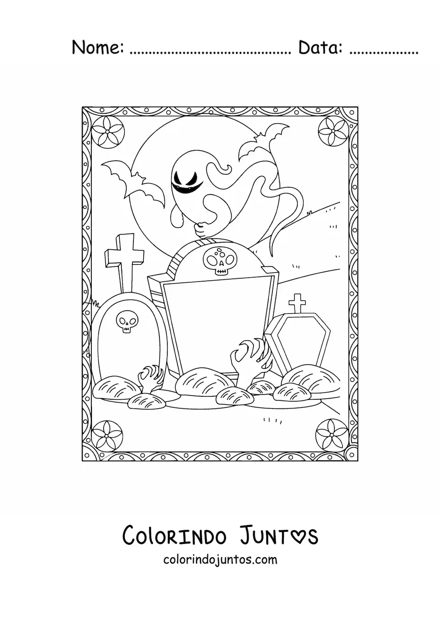 Desenho para colorir de mão de zumbi saindo do túmulo com fantasmas