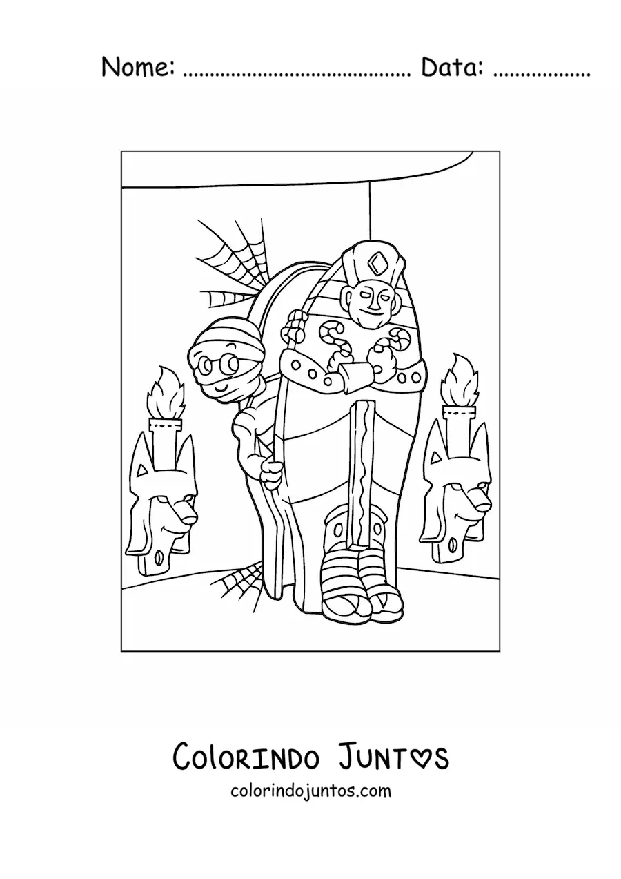 Desenho para colorir de múmia saindo do túmulo no Halloween