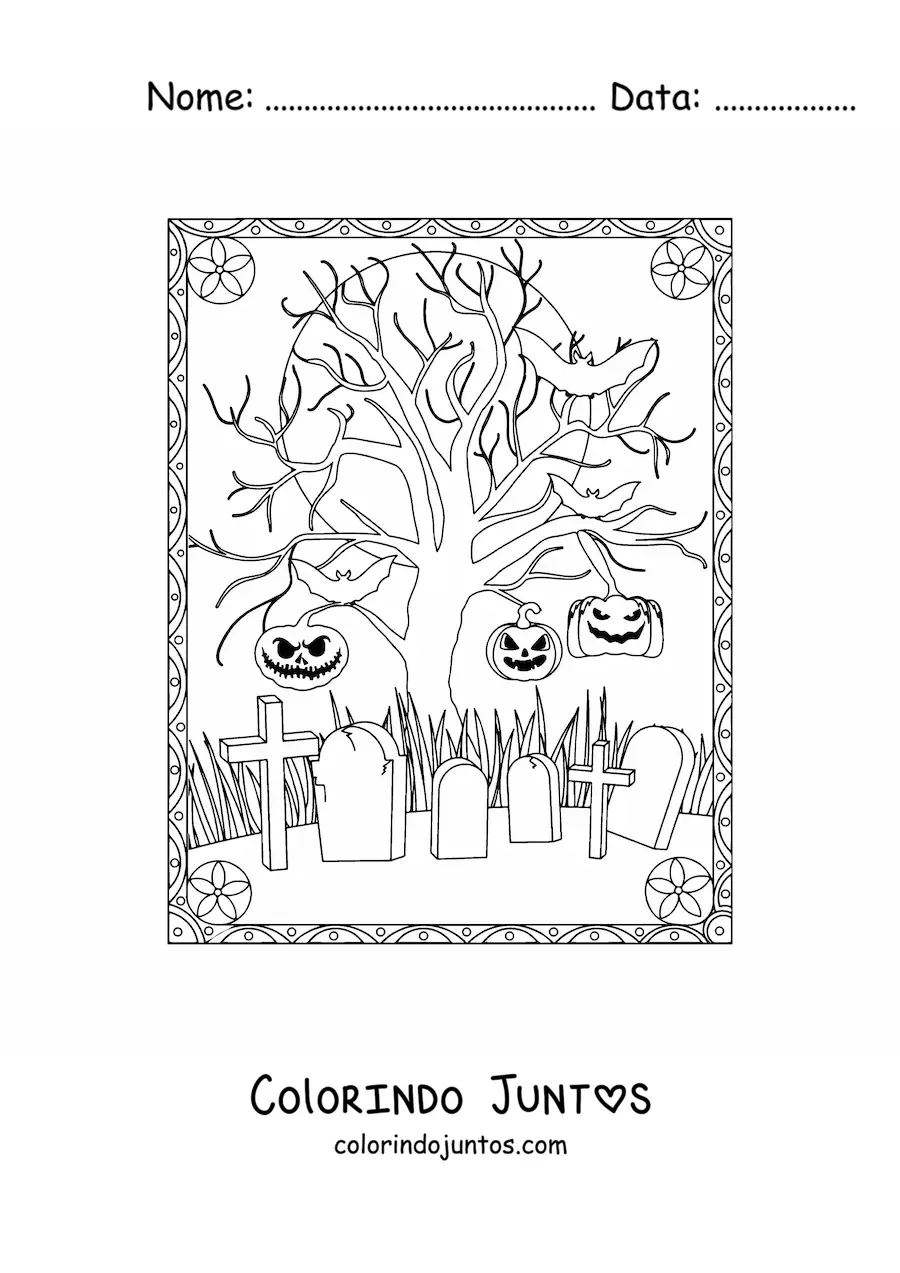 Desenho para colorir de cemitério assustador na noite de Halloween
