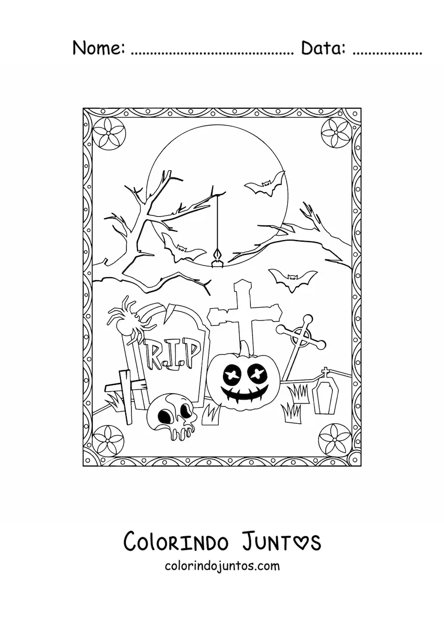 Desenho para colorir de túmulos com caveira na noite de Halloween