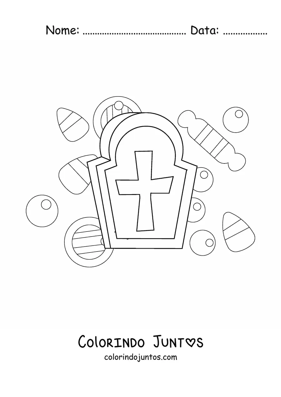Desenho para colorir de túmulo com doces de Halloween