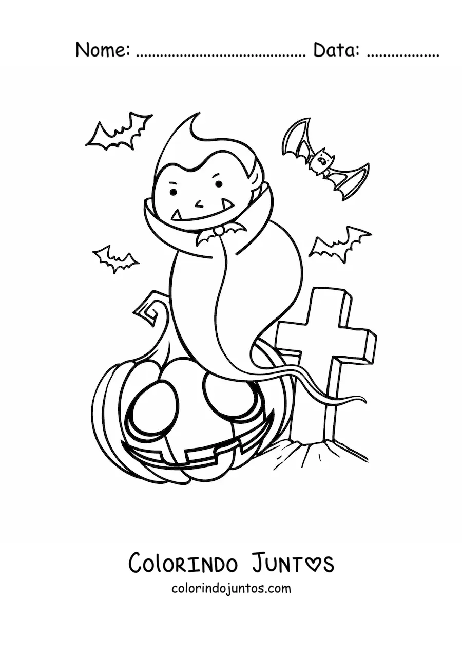 Desenho para colorir de vampiro animado com abóbora de Halloween