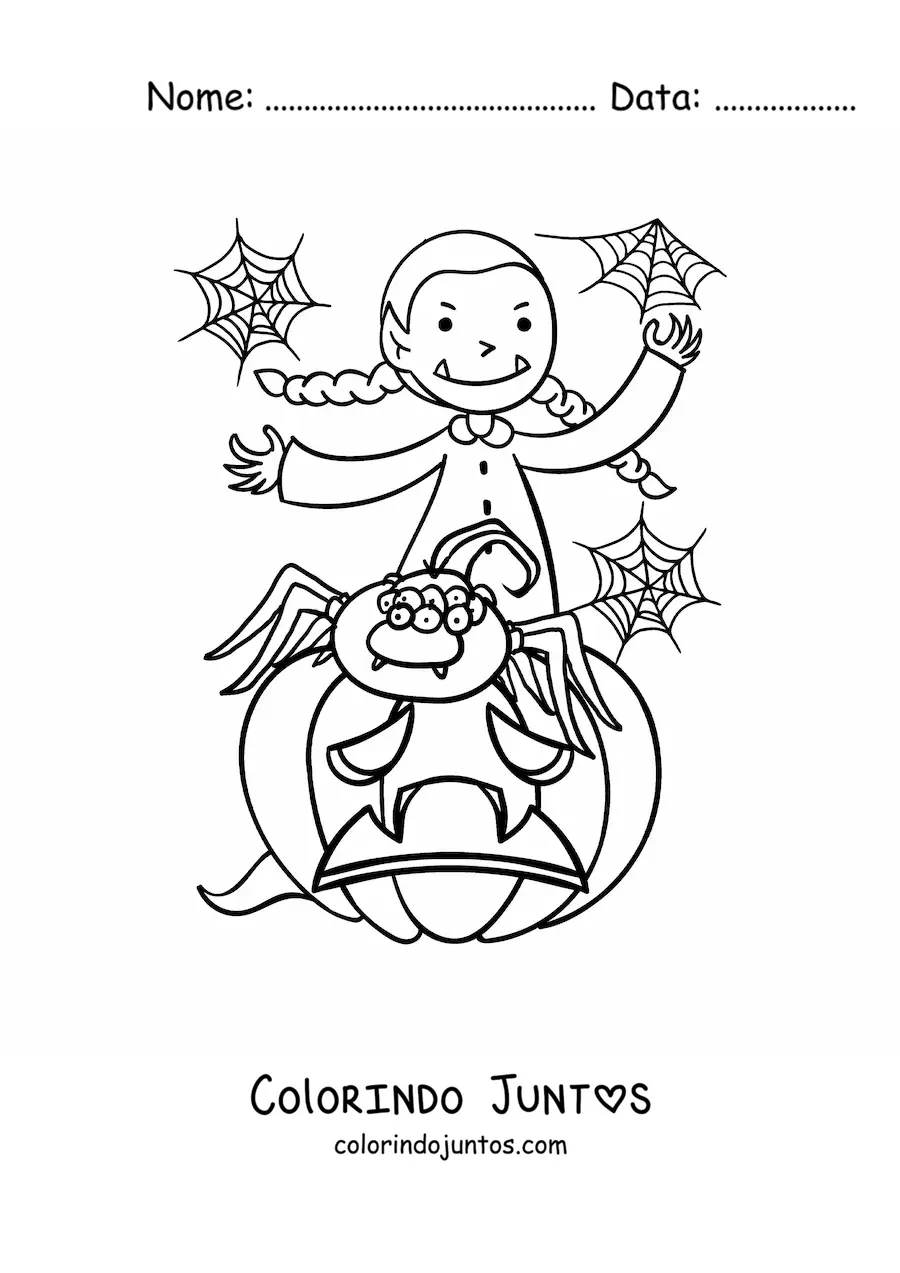 Desenho para colorir de garota vampira com aranha e abóbora de Halloween