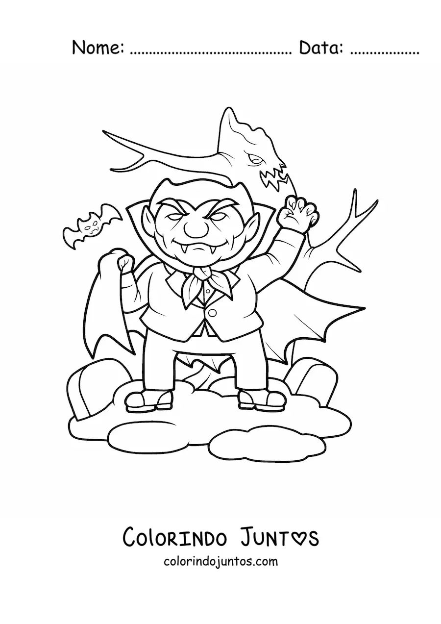 Desenho para colorir de vampiro animado no Halloween com morcegos
