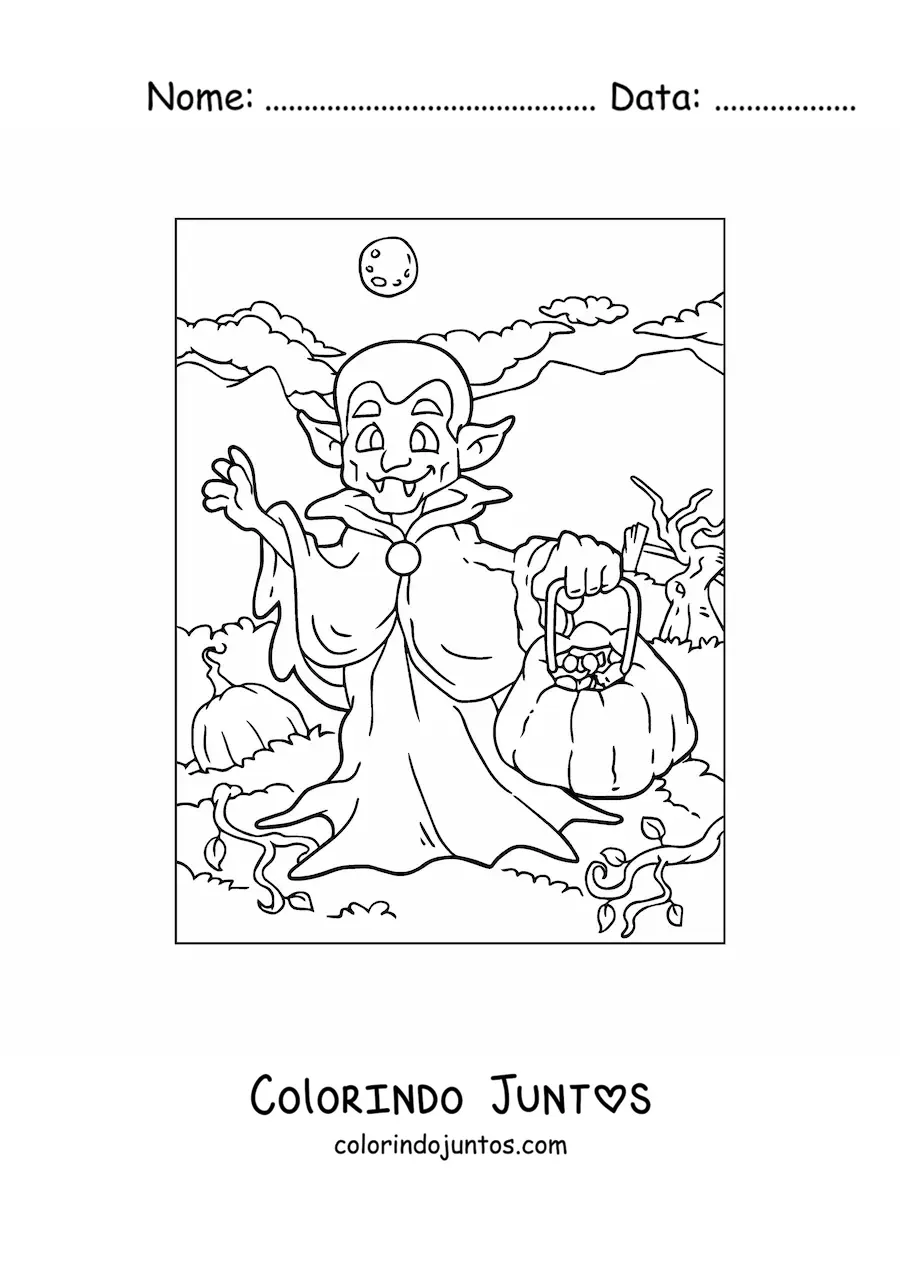 Desenho para colorir de um vampiro com abóbora de Halloween
