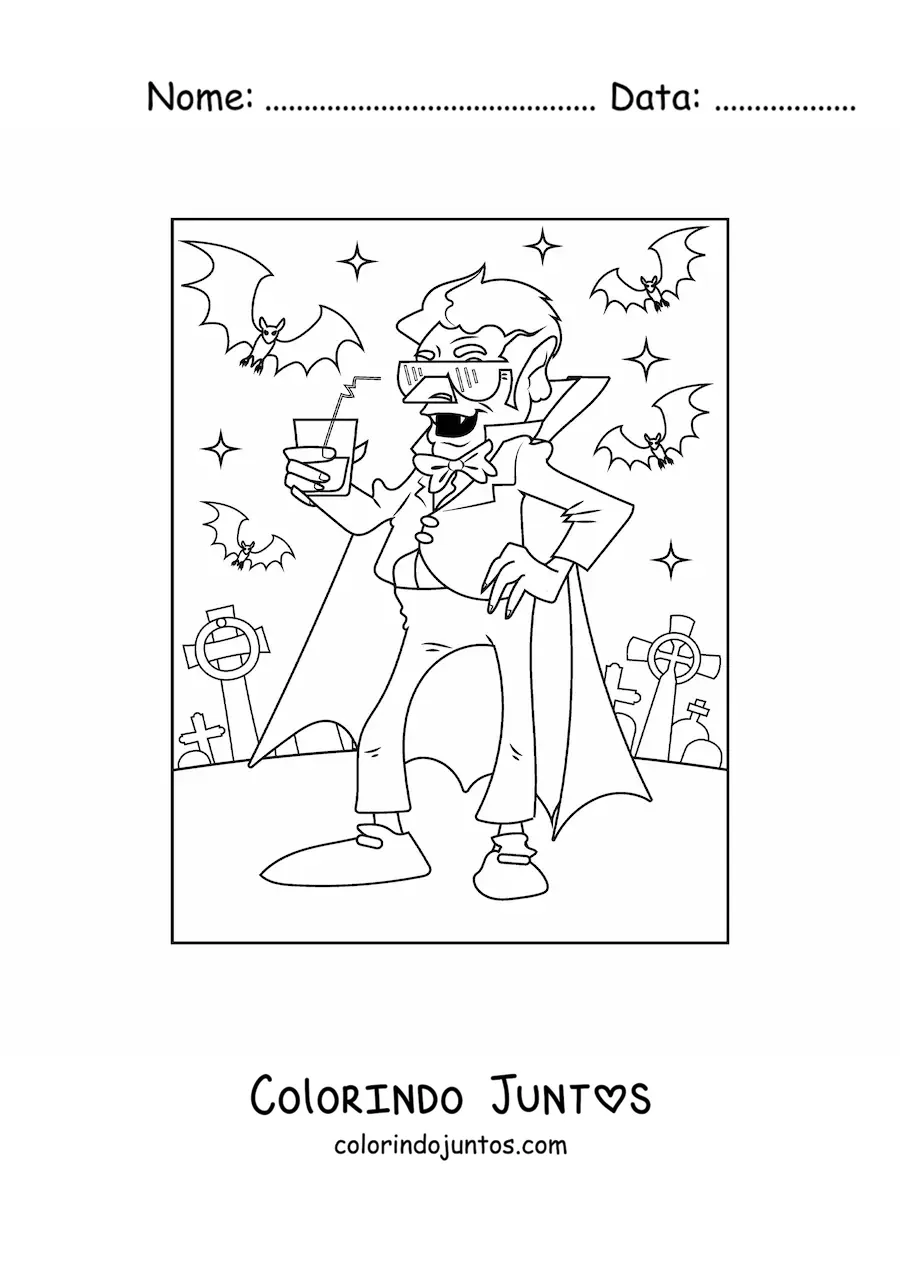 Desenho para colorir de vampiro animado com morcegos e óculos de sol em um cemitério