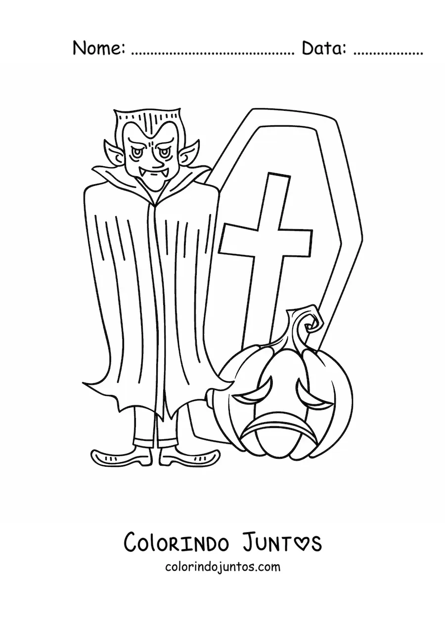 Desenho para colorir de conde Drácula com túmulo e abóbora de Halloween
