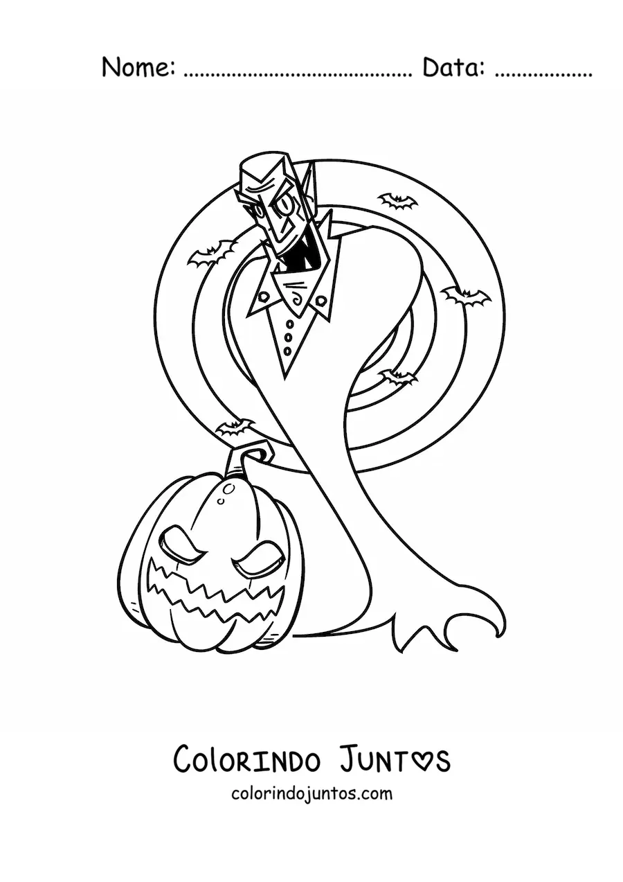 Desenho para colorir de conde Drácula com morcegos e abóbora de Halloween