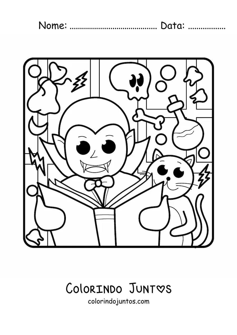 Desenho para colorir de vampiro kawaii no Halloween com livro e um gato