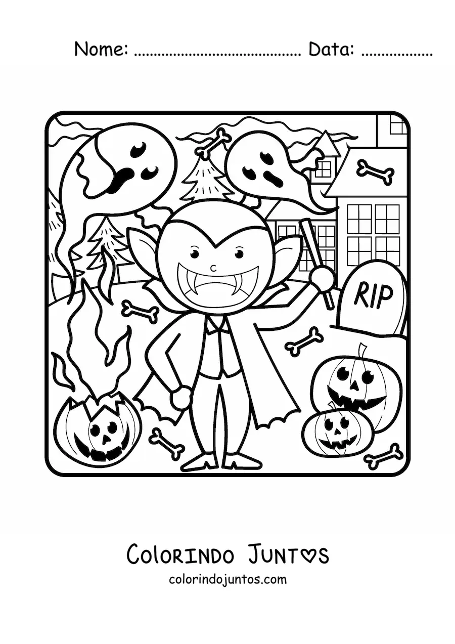 Desenho para colorir de vampiro kawaii no Halloween com fantasmas e abóboras
