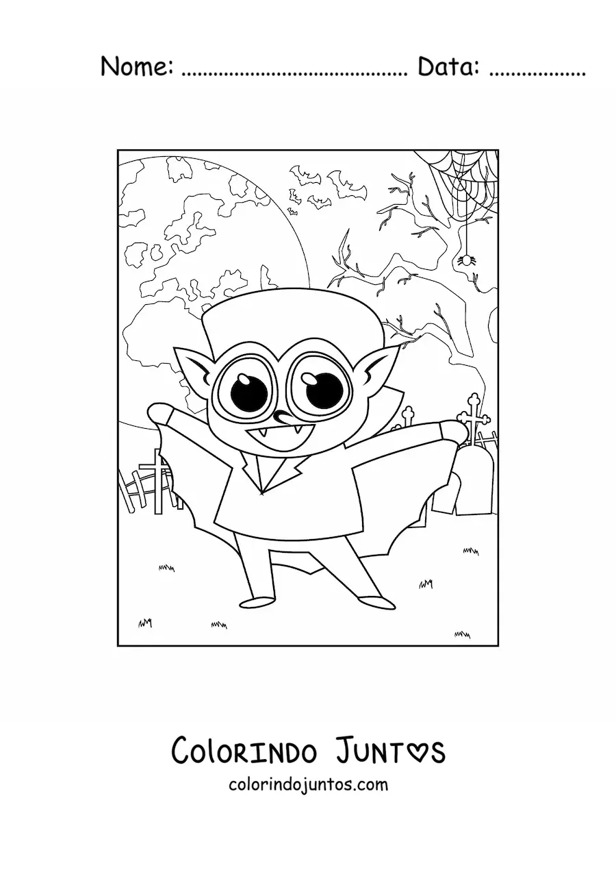 Desenho para colorir de vampiro kawaii em um cemitério na noite de Halloween