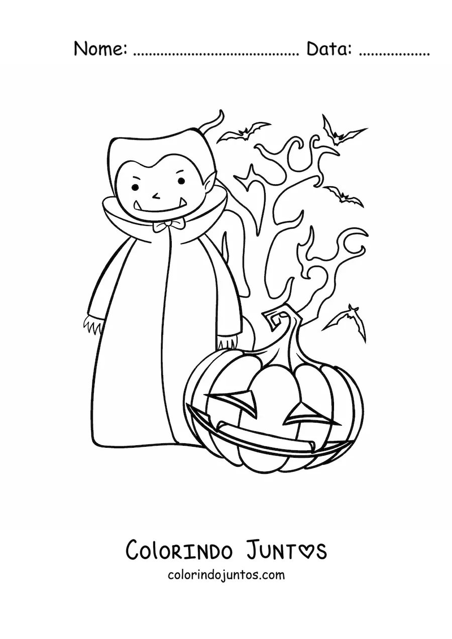 Desenho para colorir de vampiro com abóbora de Halloween