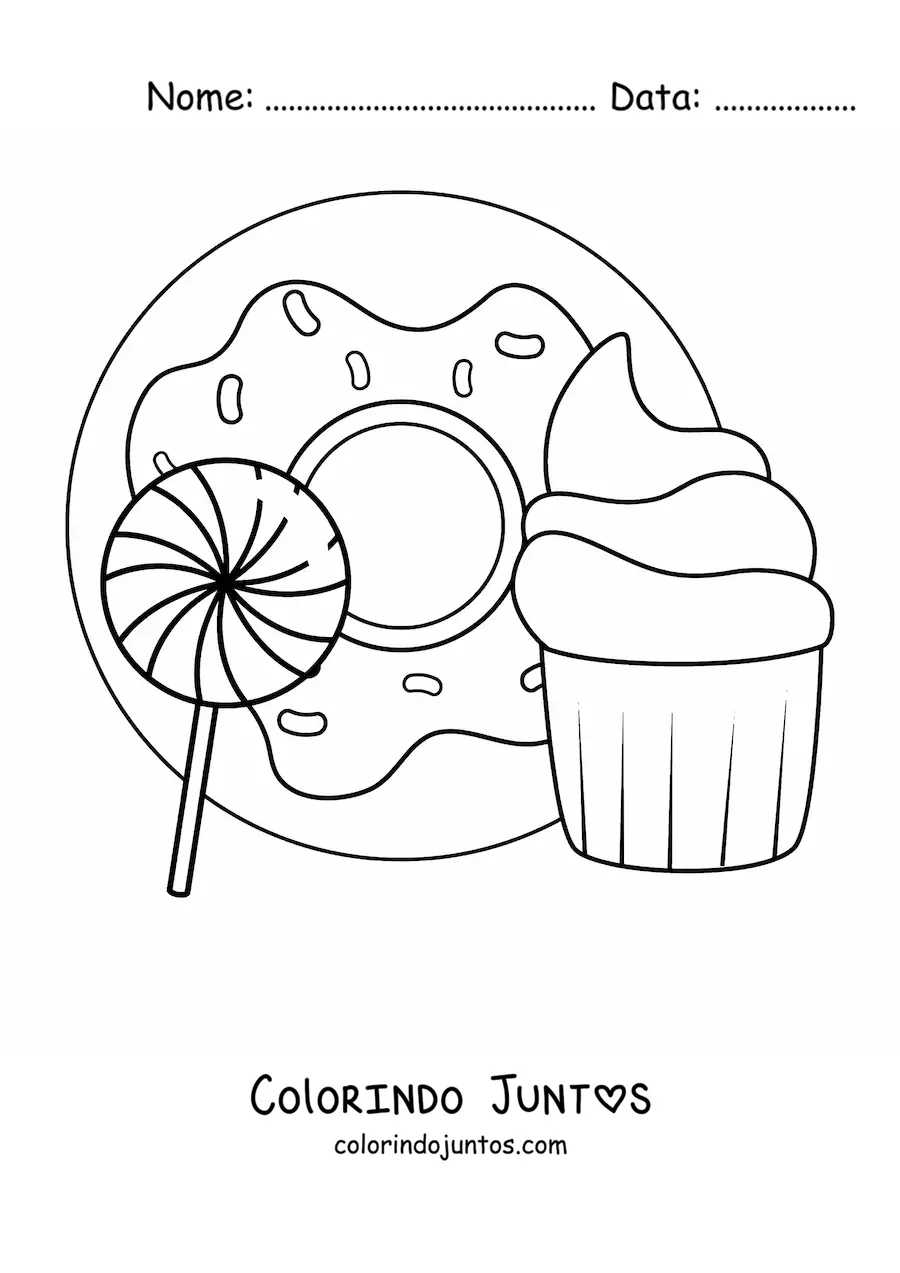 Desenho para colorir de uma rosquinha ao lado de um cupcake e um picolé