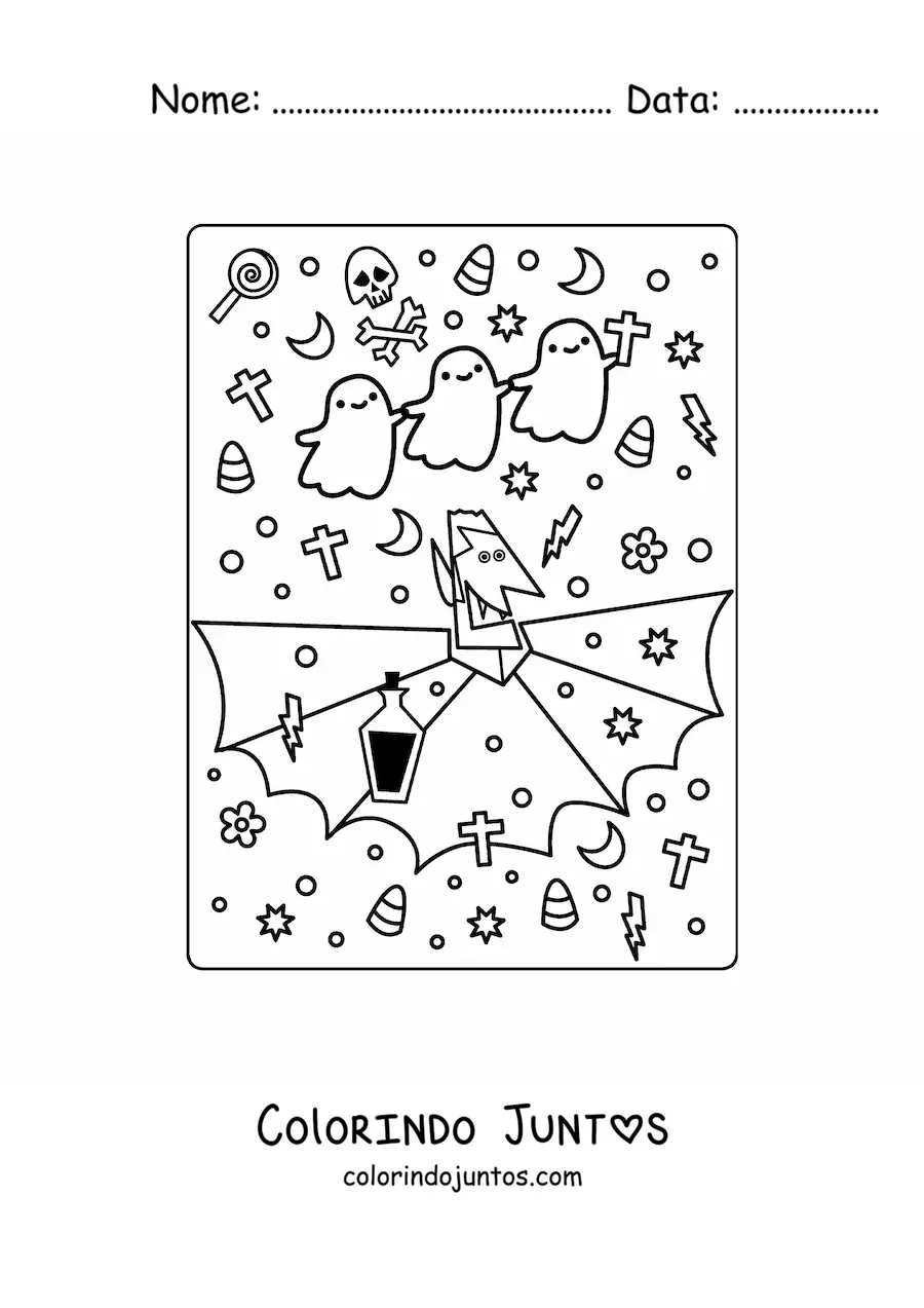 Desenho para colorir de vampiro com fantasmas kawaii no Halloween