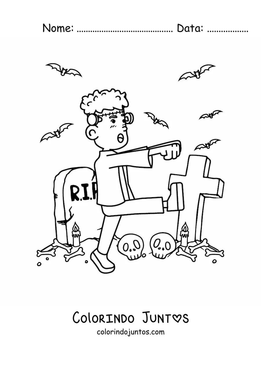 Desenho para colorir de Frankenstein animado caminhando em um cemitério no Halloween