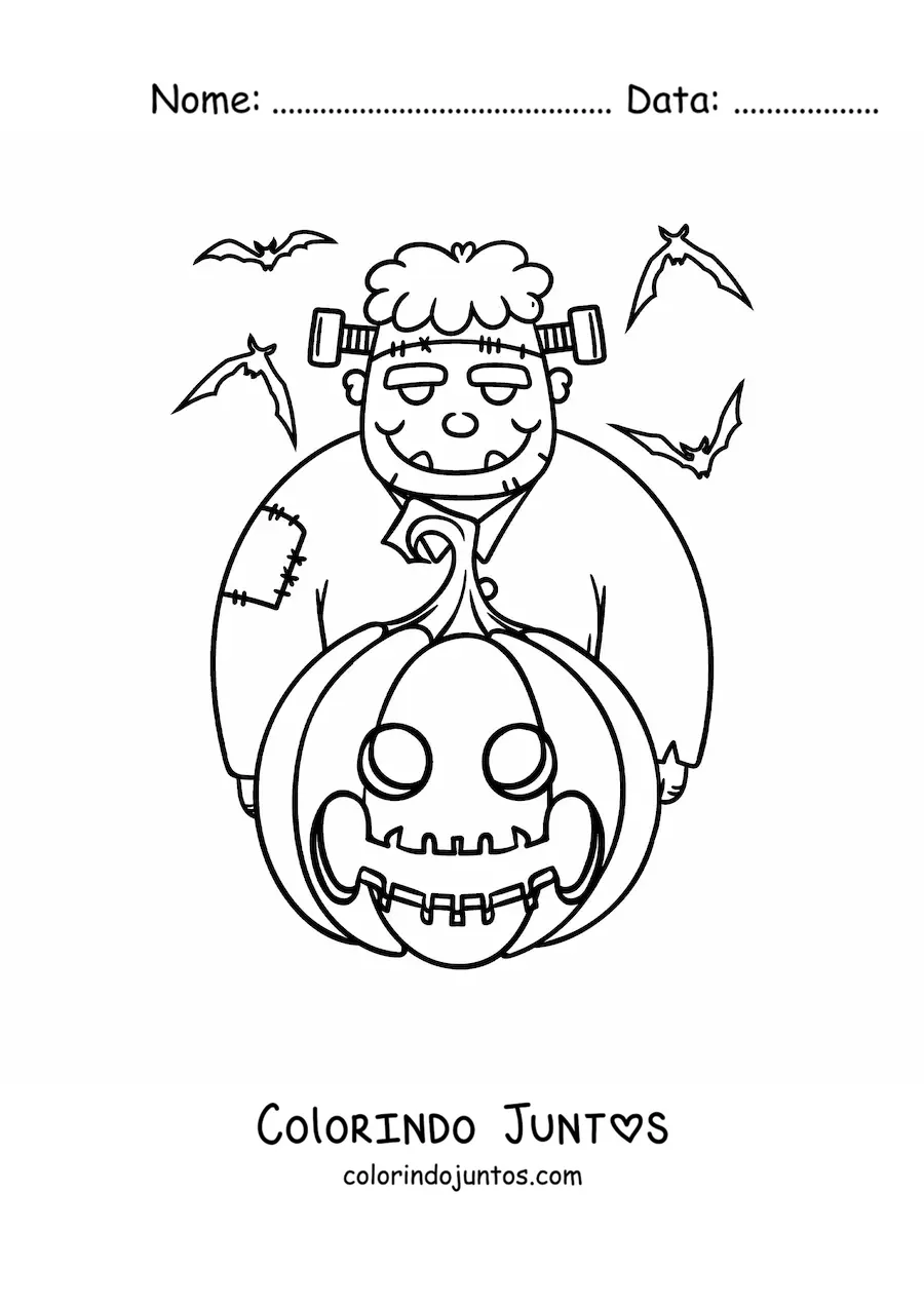 Desenho para colorir de Frankenstein animado grande com abóbora de Halloween