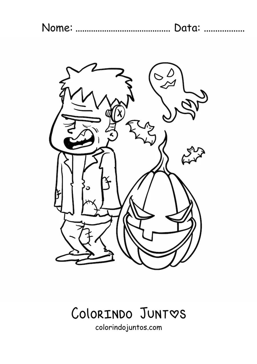 Desenho para colorir de Frankenstein animado grande com fantasmas e abóbora de Halloween