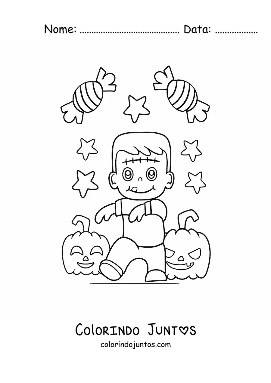 Desenho para colorir de Frankenstein kawaii com abóboras e doces de Halloween