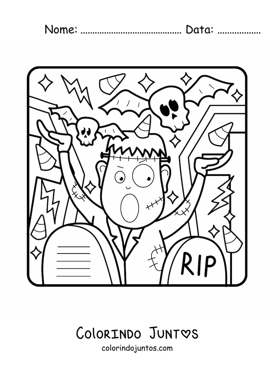 Desenho para colorir de Frankenstein animado com caveira e doces de Halloween