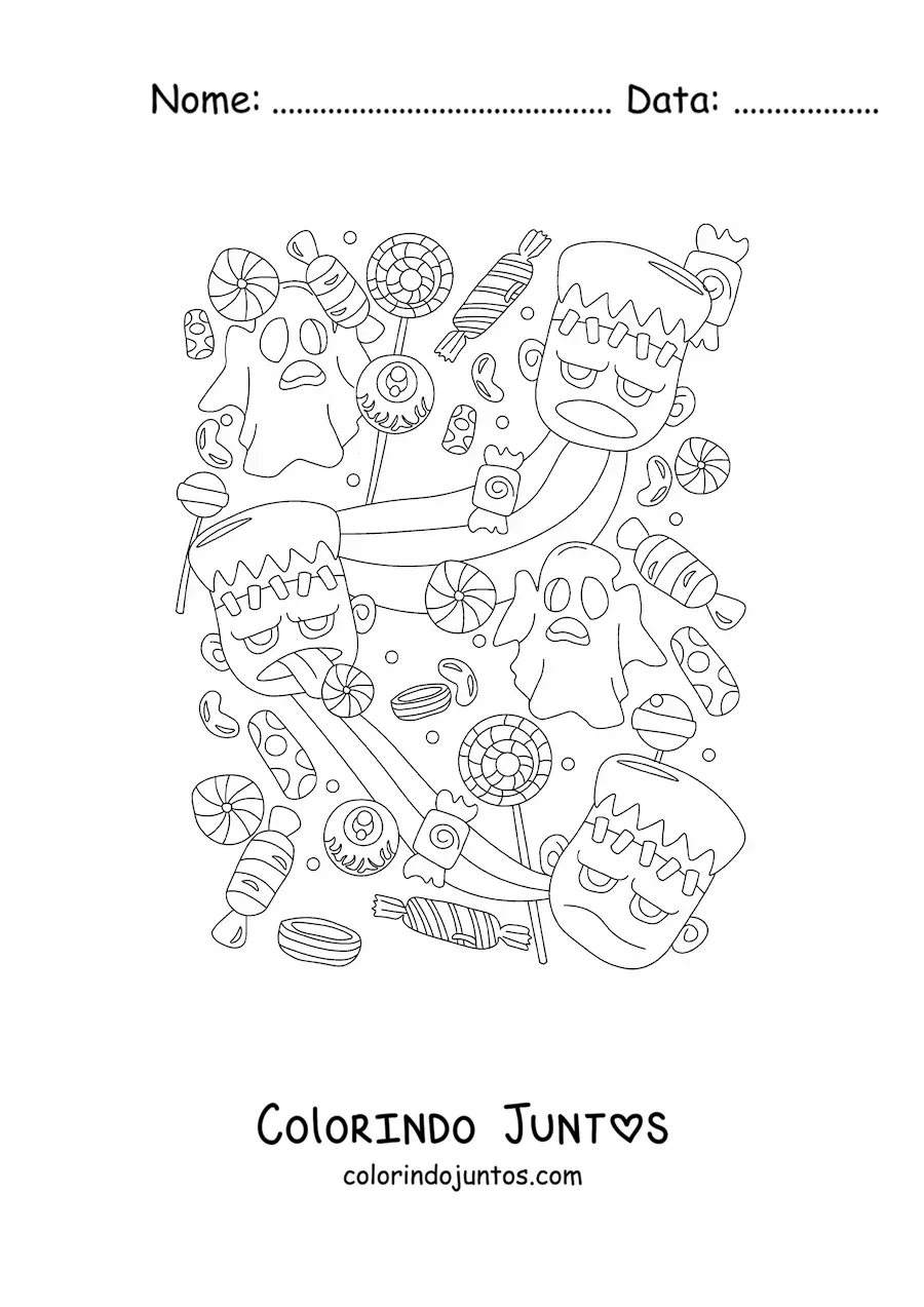Desenho para colorir de rosto de Frankenstein com fantasmas e doces de Halloween