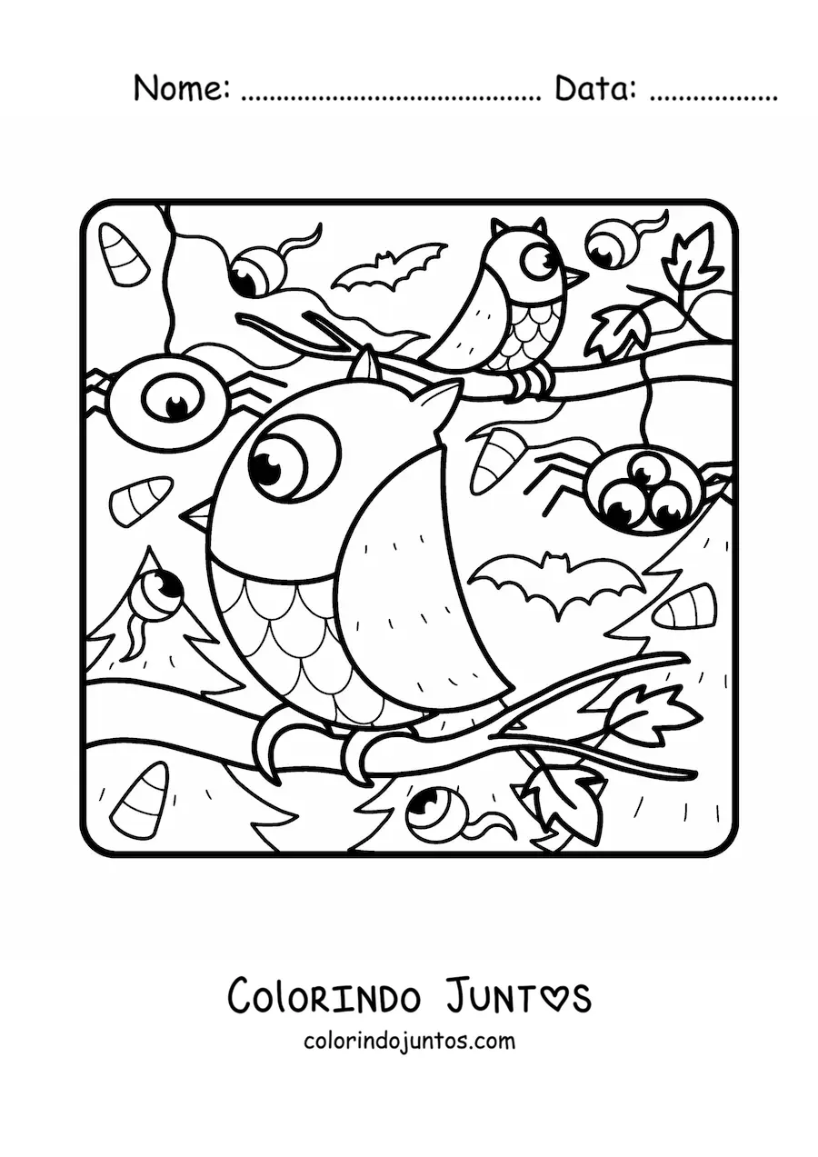 Desenho para colorir de coruja com aranhas de terror