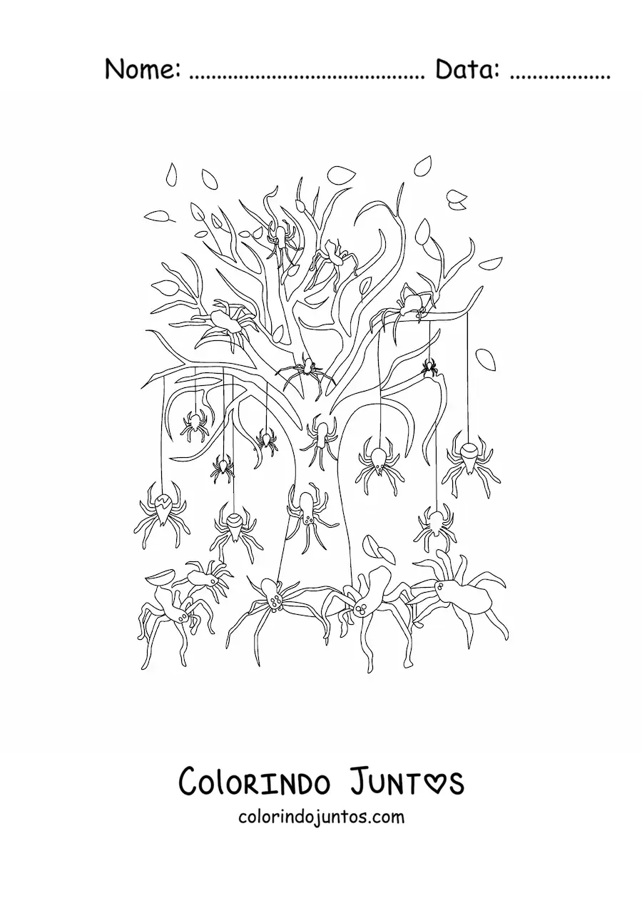 Desenho para colorir de árvore com aranhas de terror