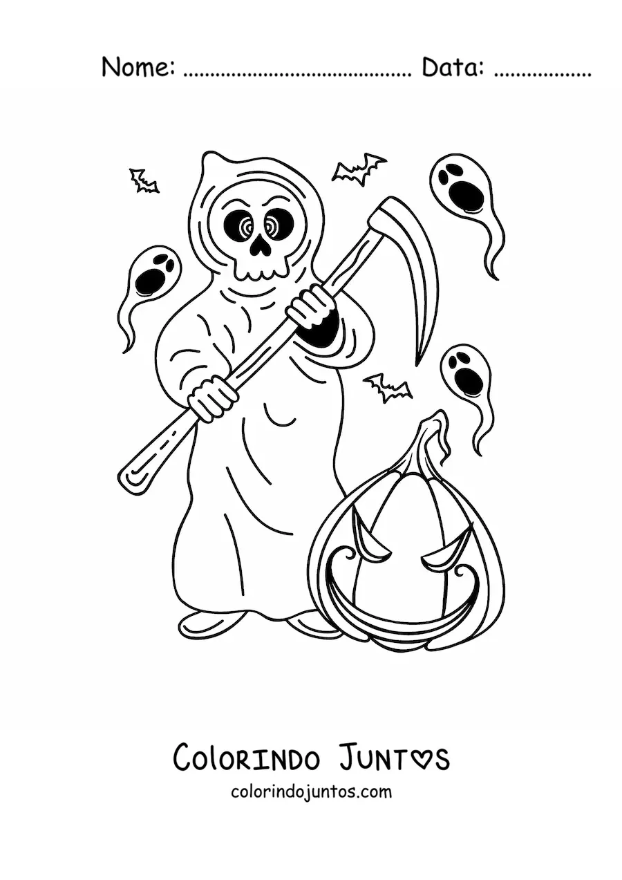 Desenho para colorir da morte com abóbora de Halloween assustadora