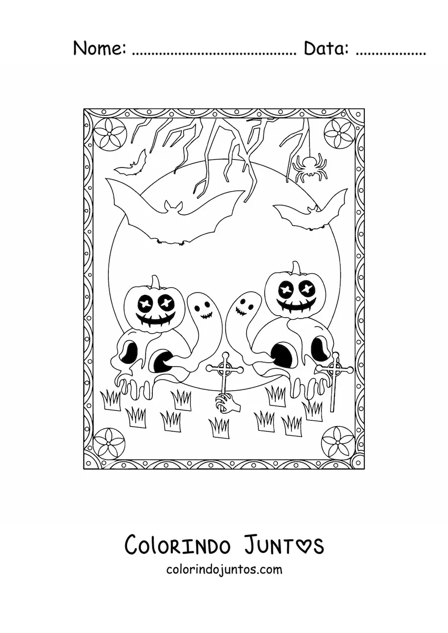 Desenho para colorir de abóboras de Halloween assustadoras com caveiras e fantasmas
