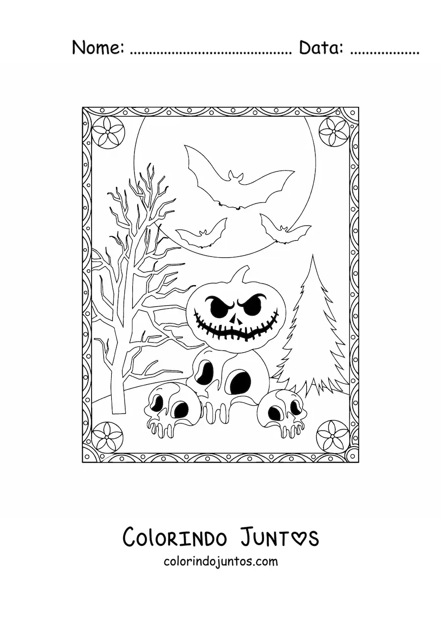 Desenho para colorir de abóboras de Halloween assustadoras com caveiras e morcegos