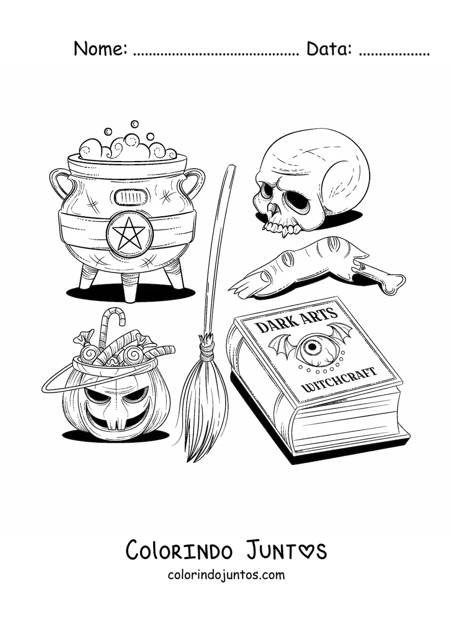 Desenho para colorir de elementos de bruxaria de terror