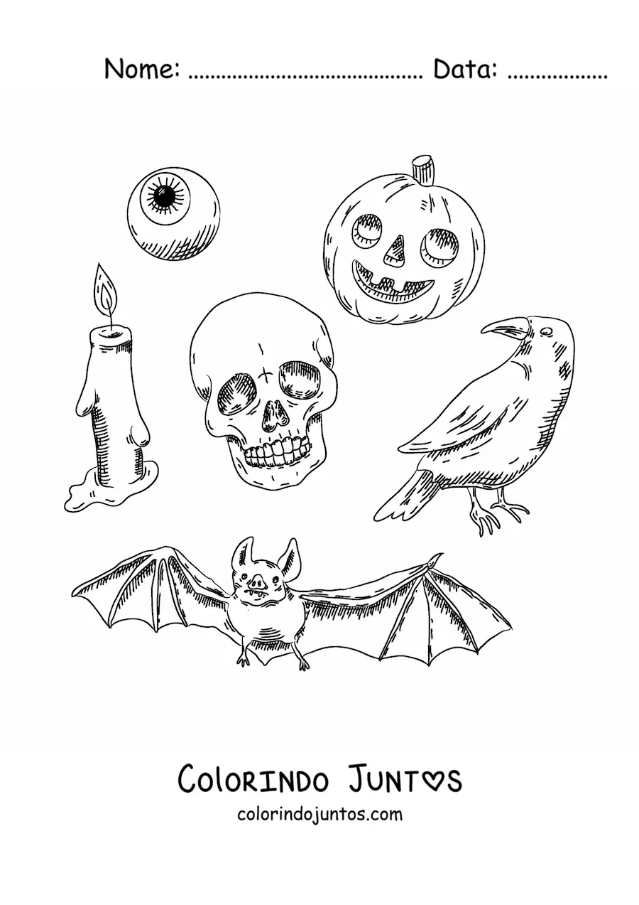 Desenho para colorir de elementos de Halloween de terror