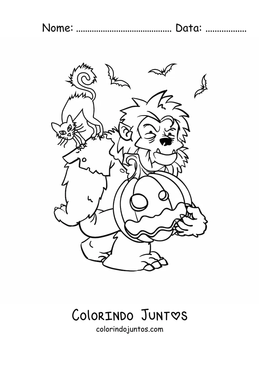 Desenho para colorir de lobisomem com abóbora de Halloween