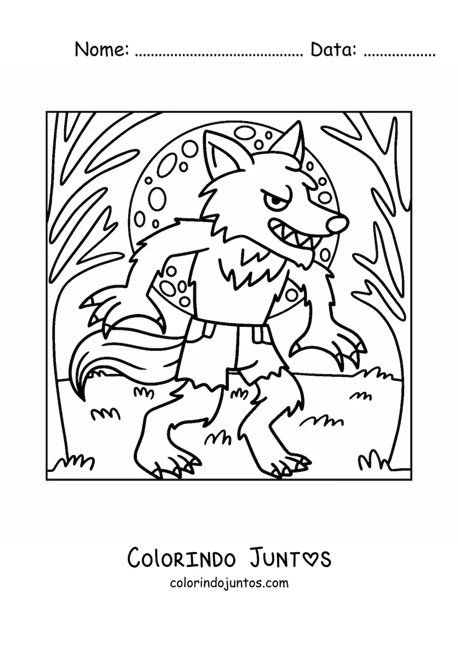 Desenho para colorir de lobisomem com a Lua cheia