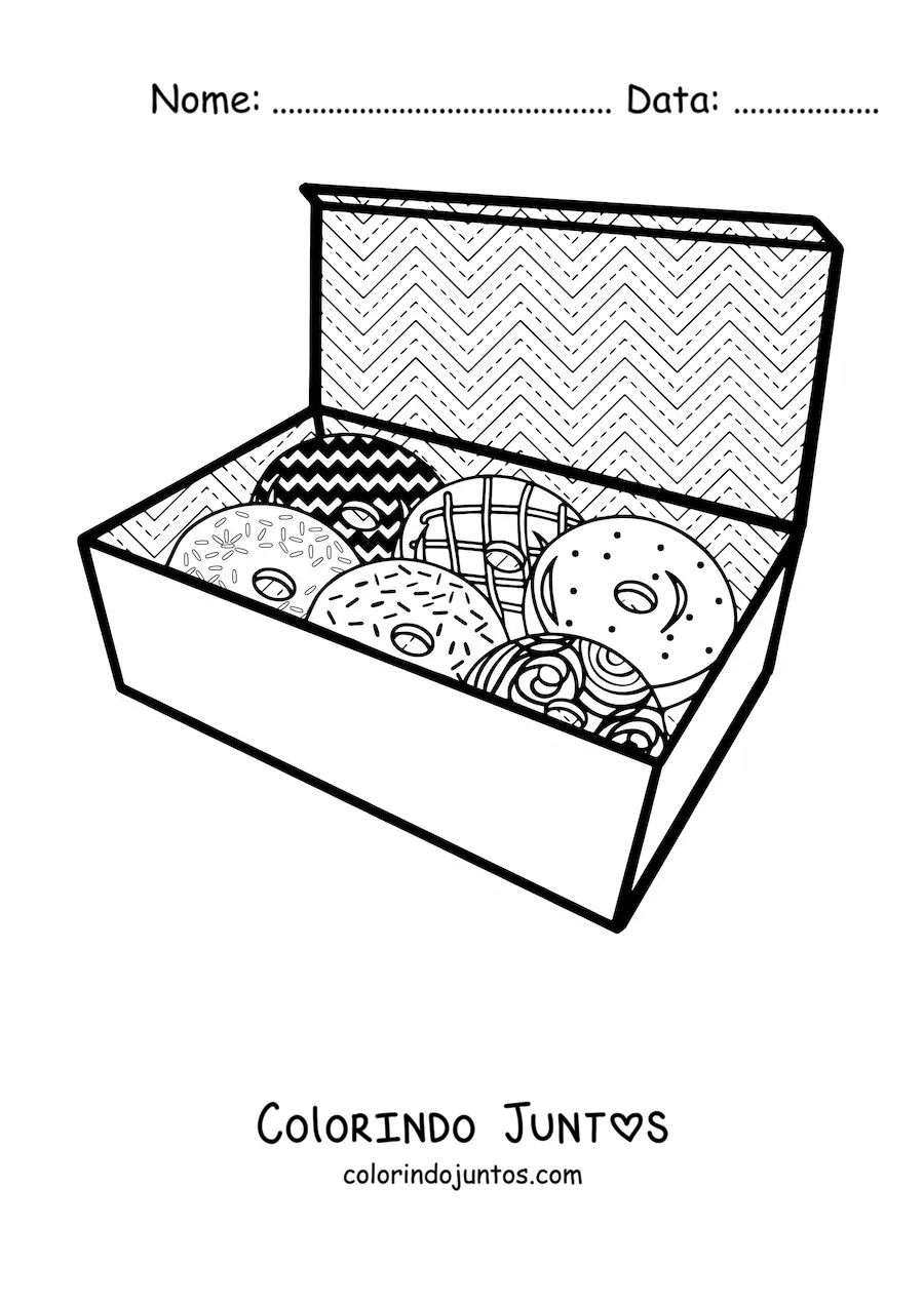 Desenho para colorir de uma caixa com várias rosquinhas