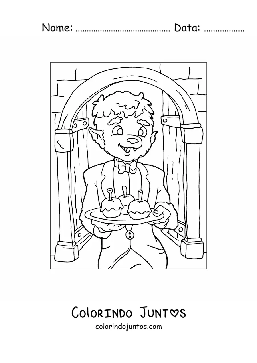 Desenho para colorir de lobisomem animado com doces de Halloween