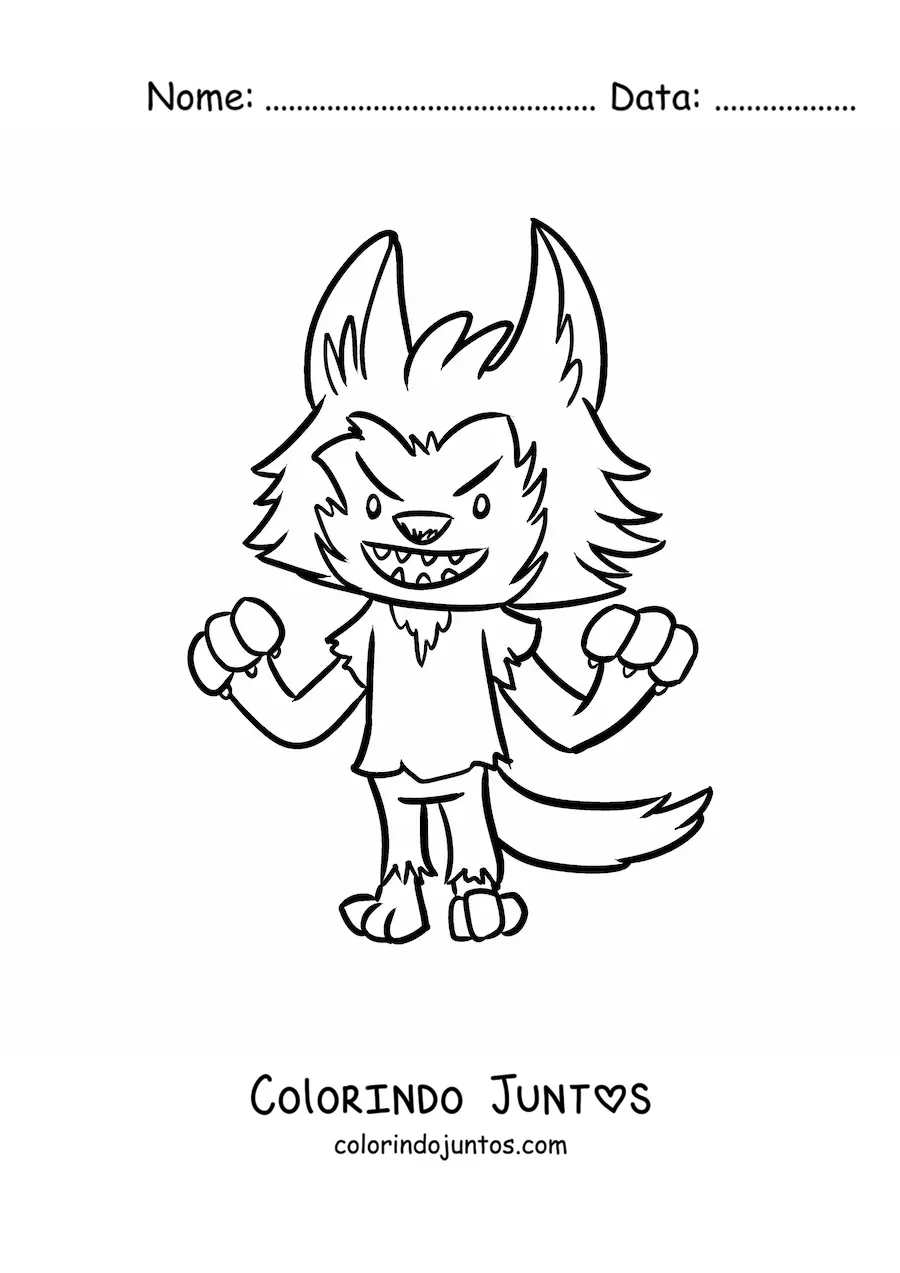 Desenho para colorir de lobisomem kawaii assustando