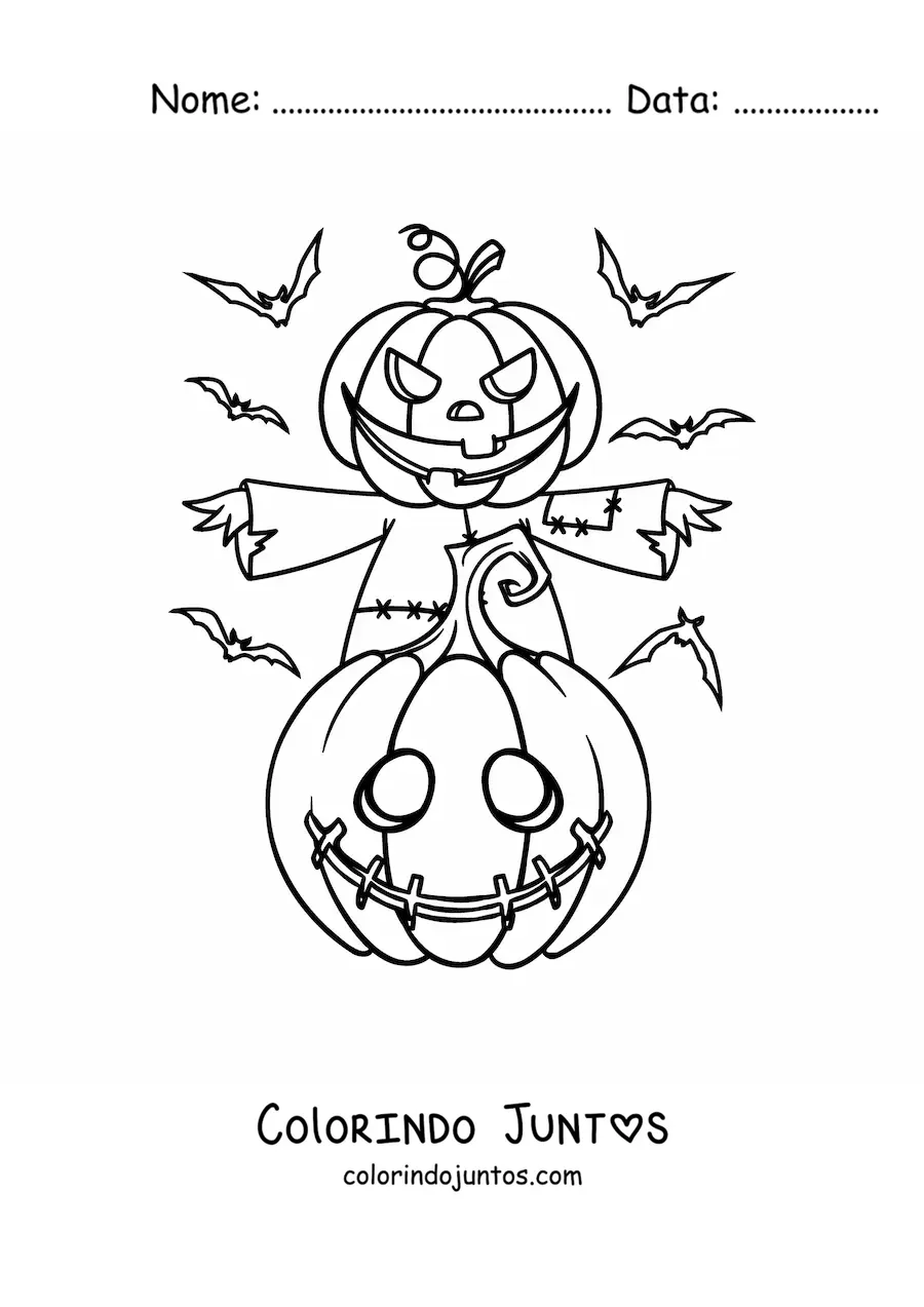 Desenho para colorir de espantalho com abóbora de Halloween e morcegos
